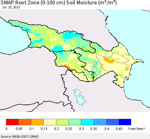 Azerbaijan, Armenia and Georgia SMAP Root Zone (0-100 cm) Soil Moisture (m³/m³) Thematic Map For 7/21/2023 - 7/25/2023