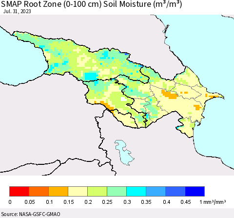 Azerbaijan, Armenia and Georgia SMAP Root Zone (0-100 cm) Soil Moisture (m³/m³) Thematic Map For 7/26/2023 - 7/31/2023