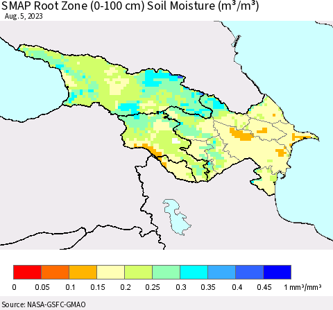 Azerbaijan, Armenia and Georgia SMAP Root Zone (0-100 cm) Soil Moisture (m³/m³) Thematic Map For 8/1/2023 - 8/5/2023