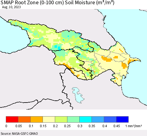 Azerbaijan, Armenia and Georgia SMAP Root Zone (0-100 cm) Soil Moisture (m³/m³) Thematic Map For 8/6/2023 - 8/10/2023