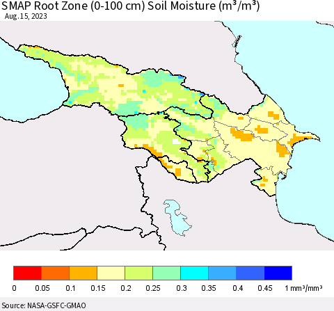Azerbaijan, Armenia and Georgia SMAP Root Zone (0-100 cm) Soil Moisture (m³/m³) Thematic Map For 8/11/2023 - 8/15/2023