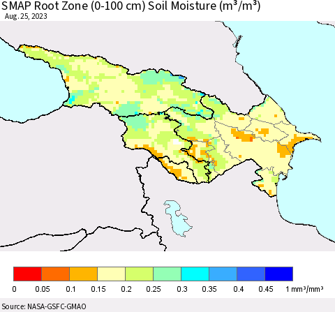 Azerbaijan, Armenia and Georgia SMAP Root Zone (0-100 cm) Soil Moisture (m³/m³) Thematic Map For 8/21/2023 - 8/25/2023