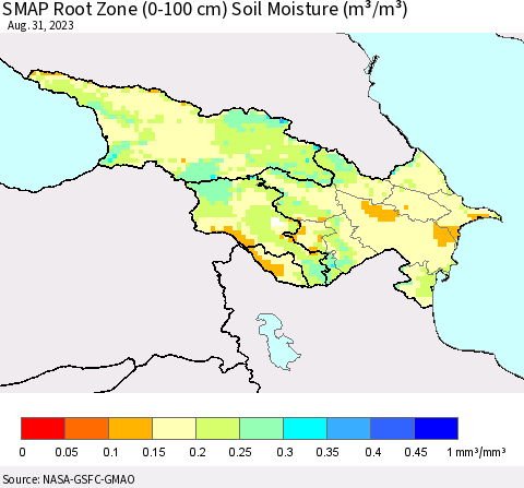 Azerbaijan, Armenia and Georgia SMAP Root Zone (0-100 cm) Soil Moisture (m³/m³) Thematic Map For 8/26/2023 - 8/31/2023