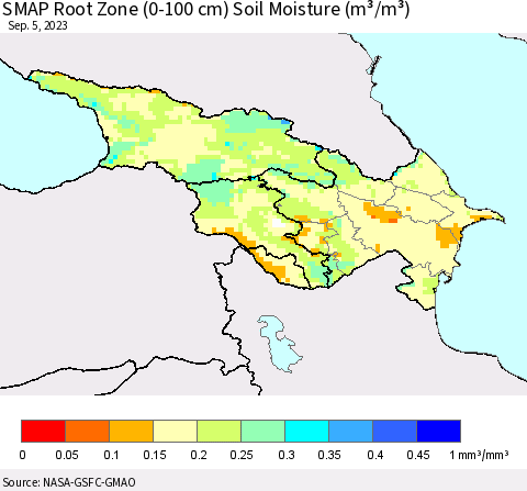 Azerbaijan, Armenia and Georgia SMAP Root Zone (0-100 cm) Soil Moisture (m³/m³) Thematic Map For 9/1/2023 - 9/5/2023