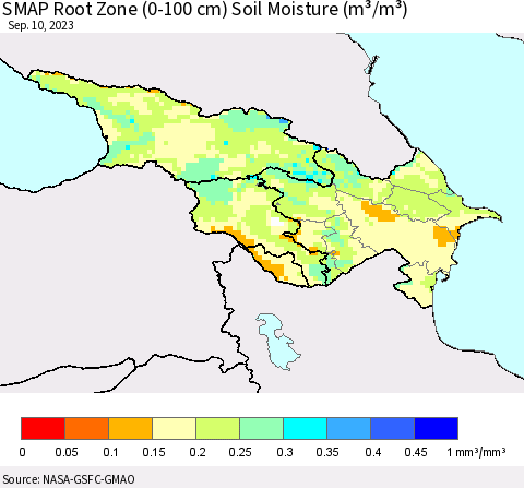 Azerbaijan, Armenia and Georgia SMAP Root Zone (0-100 cm) Soil Moisture (m³/m³) Thematic Map For 9/6/2023 - 9/10/2023