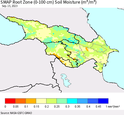 Azerbaijan, Armenia and Georgia SMAP Root Zone (0-100 cm) Soil Moisture (m³/m³) Thematic Map For 9/11/2023 - 9/15/2023