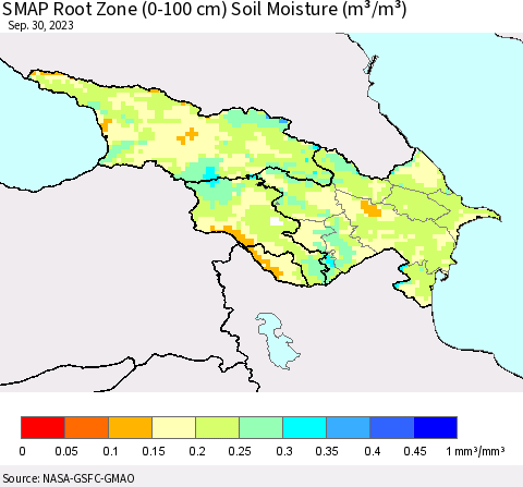 Azerbaijan, Armenia and Georgia SMAP Root Zone (0-100 cm) Soil Moisture (m³/m³) Thematic Map For 9/26/2023 - 9/30/2023