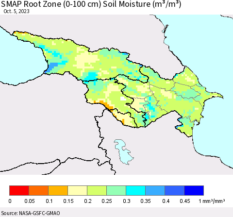 Azerbaijan, Armenia and Georgia SMAP Root Zone (0-100 cm) Soil Moisture (m³/m³) Thematic Map For 10/1/2023 - 10/5/2023