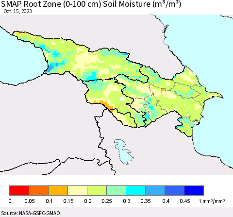 Azerbaijan, Armenia and Georgia SMAP Root Zone (0-100 cm) Soil Moisture (m³/m³) Thematic Map For 10/11/2023 - 10/15/2023