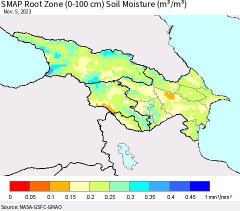 Azerbaijan, Armenia and Georgia SMAP Root Zone (0-100 cm) Soil Moisture (m³/m³) Thematic Map For 11/1/2023 - 11/5/2023
