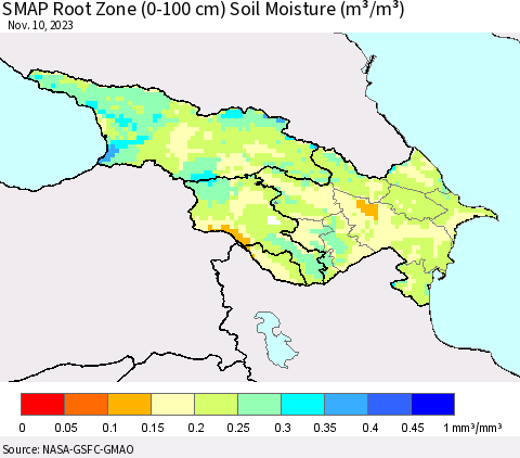 Azerbaijan, Armenia and Georgia SMAP Root Zone (0-100 cm) Soil Moisture (m³/m³) Thematic Map For 11/6/2023 - 11/10/2023