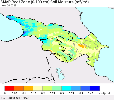 Azerbaijan, Armenia and Georgia SMAP Root Zone (0-100 cm) Soil Moisture (m³/m³) Thematic Map For 11/16/2023 - 11/20/2023