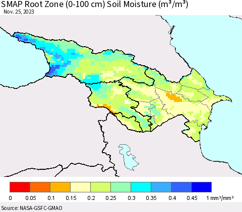 Azerbaijan, Armenia and Georgia SMAP Root Zone (0-100 cm) Soil Moisture (m³/m³) Thematic Map For 11/21/2023 - 11/25/2023