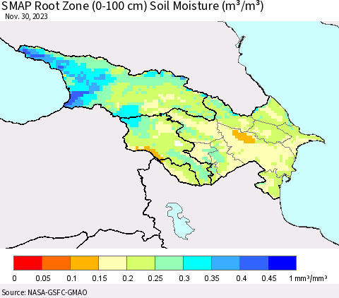Azerbaijan, Armenia and Georgia SMAP Root Zone (0-100 cm) Soil Moisture (m³/m³) Thematic Map For 11/26/2023 - 11/30/2023