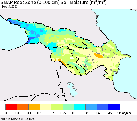 Azerbaijan, Armenia and Georgia SMAP Root Zone (0-100 cm) Soil Moisture (m³/m³) Thematic Map For 12/1/2023 - 12/5/2023