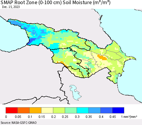 Azerbaijan, Armenia and Georgia SMAP Root Zone (0-100 cm) Soil Moisture (m³/m³) Thematic Map For 12/11/2023 - 12/15/2023