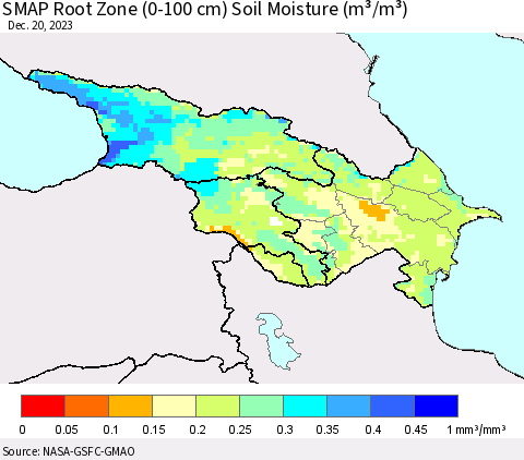 Azerbaijan, Armenia and Georgia SMAP Root Zone (0-100 cm) Soil Moisture (m³/m³) Thematic Map For 12/16/2023 - 12/20/2023