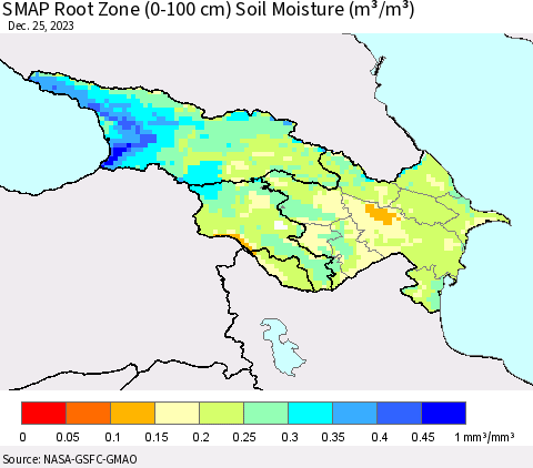 Azerbaijan, Armenia and Georgia SMAP Root Zone (0-100 cm) Soil Moisture (m³/m³) Thematic Map For 12/21/2023 - 12/25/2023