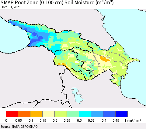 Azerbaijan, Armenia and Georgia SMAP Root Zone (0-100 cm) Soil Moisture (m³/m³) Thematic Map For 12/26/2023 - 12/31/2023