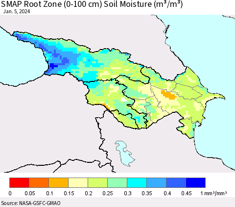 Azerbaijan, Armenia and Georgia SMAP Root Zone (0-100 cm) Soil Moisture (m³/m³) Thematic Map For 1/1/2024 - 1/5/2024