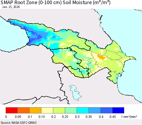 Azerbaijan, Armenia and Georgia SMAP Root Zone (0-100 cm) Soil Moisture (m³/m³) Thematic Map For 1/11/2024 - 1/15/2024