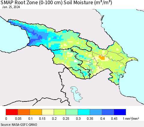 Azerbaijan, Armenia and Georgia SMAP Root Zone (0-100 cm) Soil Moisture (m³/m³) Thematic Map For 1/21/2024 - 1/25/2024