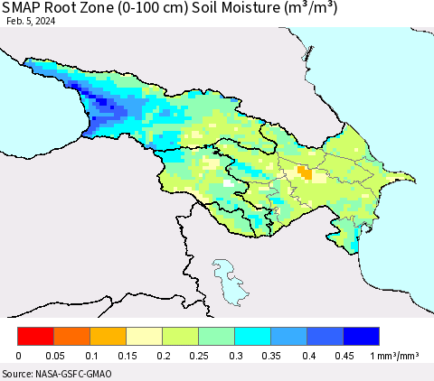 Azerbaijan, Armenia and Georgia SMAP Root Zone (0-100 cm) Soil Moisture (m³/m³) Thematic Map For 2/1/2024 - 2/5/2024