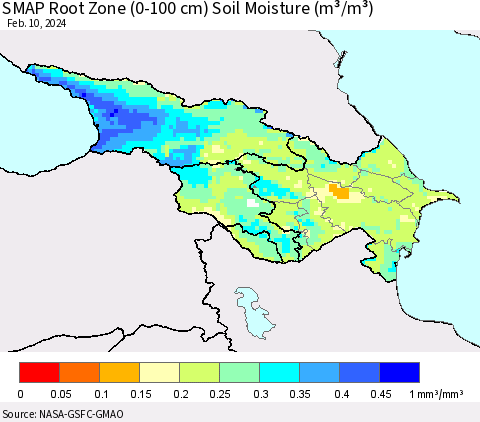 Azerbaijan, Armenia and Georgia SMAP Root Zone (0-100 cm) Soil Moisture (m³/m³) Thematic Map For 2/6/2024 - 2/10/2024