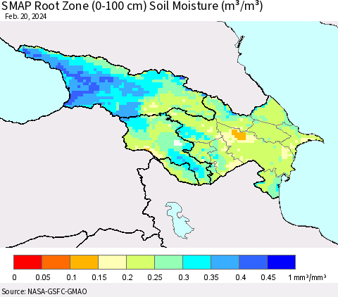 Azerbaijan, Armenia and Georgia SMAP Root Zone (0-100 cm) Soil Moisture (m³/m³) Thematic Map For 2/16/2024 - 2/20/2024