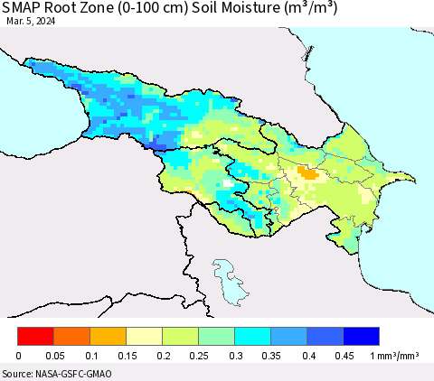 Azerbaijan, Armenia and Georgia SMAP Root Zone (0-100 cm) Soil Moisture (m³/m³) Thematic Map For 3/1/2024 - 3/5/2024