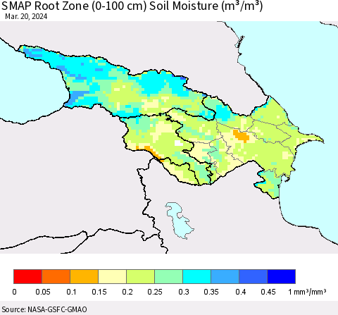 Azerbaijan, Armenia and Georgia SMAP Root Zone (0-100 cm) Soil Moisture (m³/m³) Thematic Map For 3/16/2024 - 3/20/2024