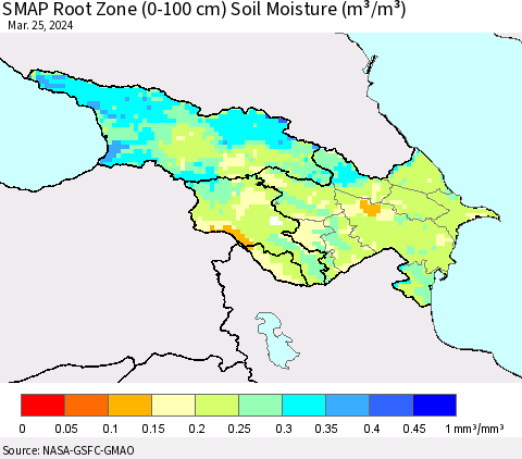 Azerbaijan, Armenia and Georgia SMAP Root Zone (0-100 cm) Soil Moisture (m³/m³) Thematic Map For 3/21/2024 - 3/25/2024
