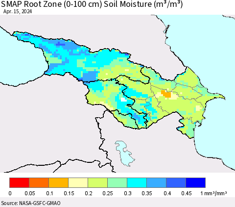 Azerbaijan, Armenia and Georgia SMAP Root Zone (0-100 cm) Soil Moisture (m³/m³) Thematic Map For 4/11/2024 - 4/15/2024
