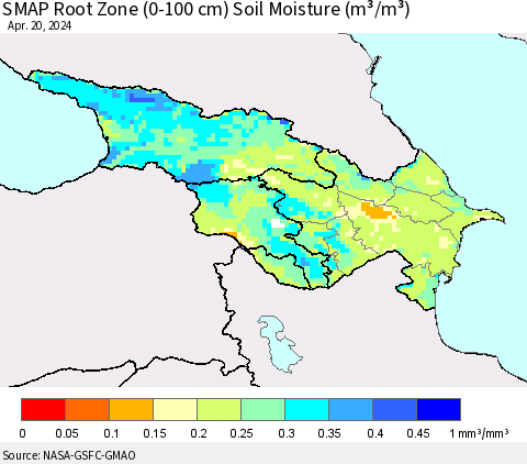 Azerbaijan, Armenia and Georgia SMAP Root Zone (0-100 cm) Soil Moisture (m³/m³) Thematic Map For 4/16/2024 - 4/20/2024