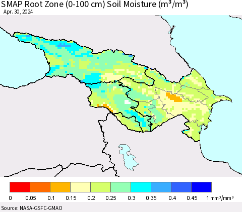 Azerbaijan, Armenia and Georgia SMAP Root Zone (0-100 cm) Soil Moisture (m³/m³) Thematic Map For 4/26/2024 - 4/30/2024