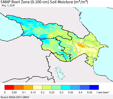 Azerbaijan, Armenia and Georgia SMAP Root Zone (0-100 cm) Soil Moisture (m³/m³) Thematic Map For 5/1/2024 - 5/5/2024