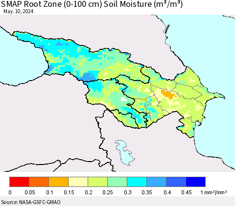 Azerbaijan, Armenia and Georgia SMAP Root Zone (0-100 cm) Soil Moisture (m³/m³) Thematic Map For 5/6/2024 - 5/10/2024
