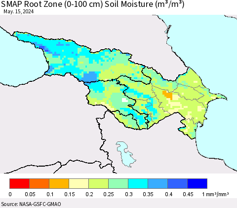 Azerbaijan, Armenia and Georgia SMAP Root Zone (0-100 cm) Soil Moisture (m³/m³) Thematic Map For 5/11/2024 - 5/15/2024