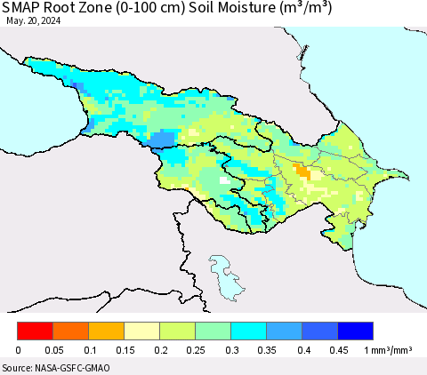 Azerbaijan, Armenia and Georgia SMAP Root Zone (0-100 cm) Soil Moisture (m³/m³) Thematic Map For 5/16/2024 - 5/20/2024