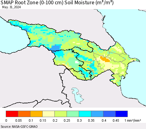 Azerbaijan, Armenia and Georgia SMAP Root Zone (0-100 cm) Soil Moisture (m³/m³) Thematic Map For 5/26/2024 - 5/31/2024