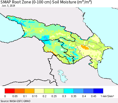 Azerbaijan, Armenia and Georgia SMAP Root Zone (0-100 cm) Soil Moisture (m³/m³) Thematic Map For 6/1/2024 - 6/5/2024
