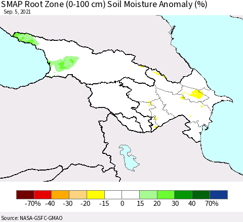Azerbaijan, Armenia and Georgia SMAP Root Zone (0-100 cm) Soil Moisture Anomaly (%) Thematic Map For 9/1/2021 - 9/5/2021