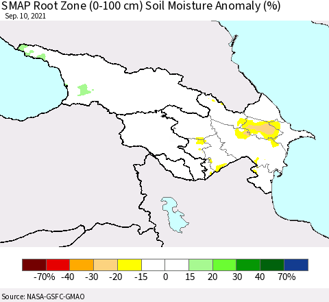 Azerbaijan, Armenia and Georgia SMAP Root Zone (0-100 cm) Soil Moisture Anomaly (%) Thematic Map For 9/6/2021 - 9/10/2021