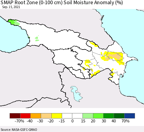 Azerbaijan, Armenia and Georgia SMAP Root Zone (0-100 cm) Soil Moisture Anomaly (%) Thematic Map For 9/11/2021 - 9/15/2021