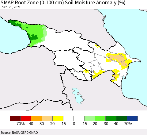 Azerbaijan, Armenia and Georgia SMAP Root Zone (0-100 cm) Soil Moisture Anomaly (%) Thematic Map For 9/16/2021 - 9/20/2021