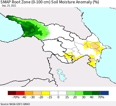 Azerbaijan, Armenia and Georgia SMAP Root Zone (0-100 cm) Soil Moisture Anomaly (%) Thematic Map For 9/21/2021 - 9/25/2021