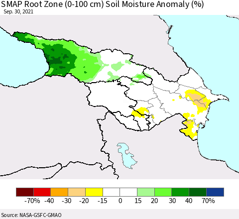 Azerbaijan, Armenia and Georgia SMAP Root Zone (0-100 cm) Soil Moisture Anomaly (%) Thematic Map For 9/26/2021 - 9/30/2021
