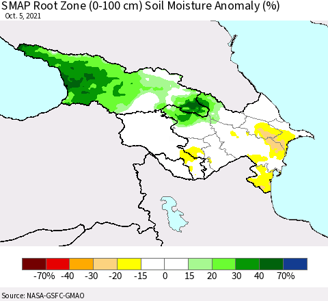 Azerbaijan, Armenia and Georgia SMAP Root Zone (0-100 cm) Soil Moisture Anomaly (%) Thematic Map For 10/1/2021 - 10/5/2021