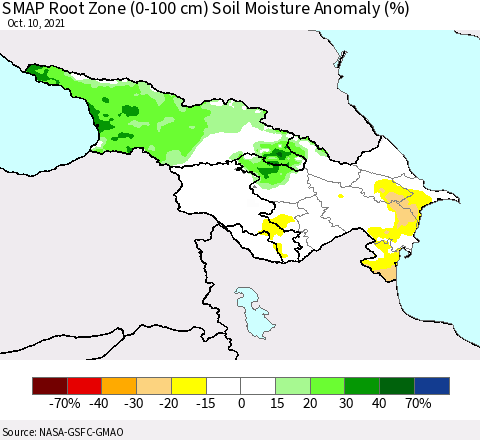 Azerbaijan, Armenia and Georgia SMAP Root Zone (0-100 cm) Soil Moisture Anomaly (%) Thematic Map For 10/6/2021 - 10/10/2021
