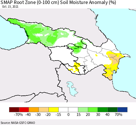 Azerbaijan, Armenia and Georgia SMAP Root Zone (0-100 cm) Soil Moisture Anomaly (%) Thematic Map For 10/11/2021 - 10/15/2021